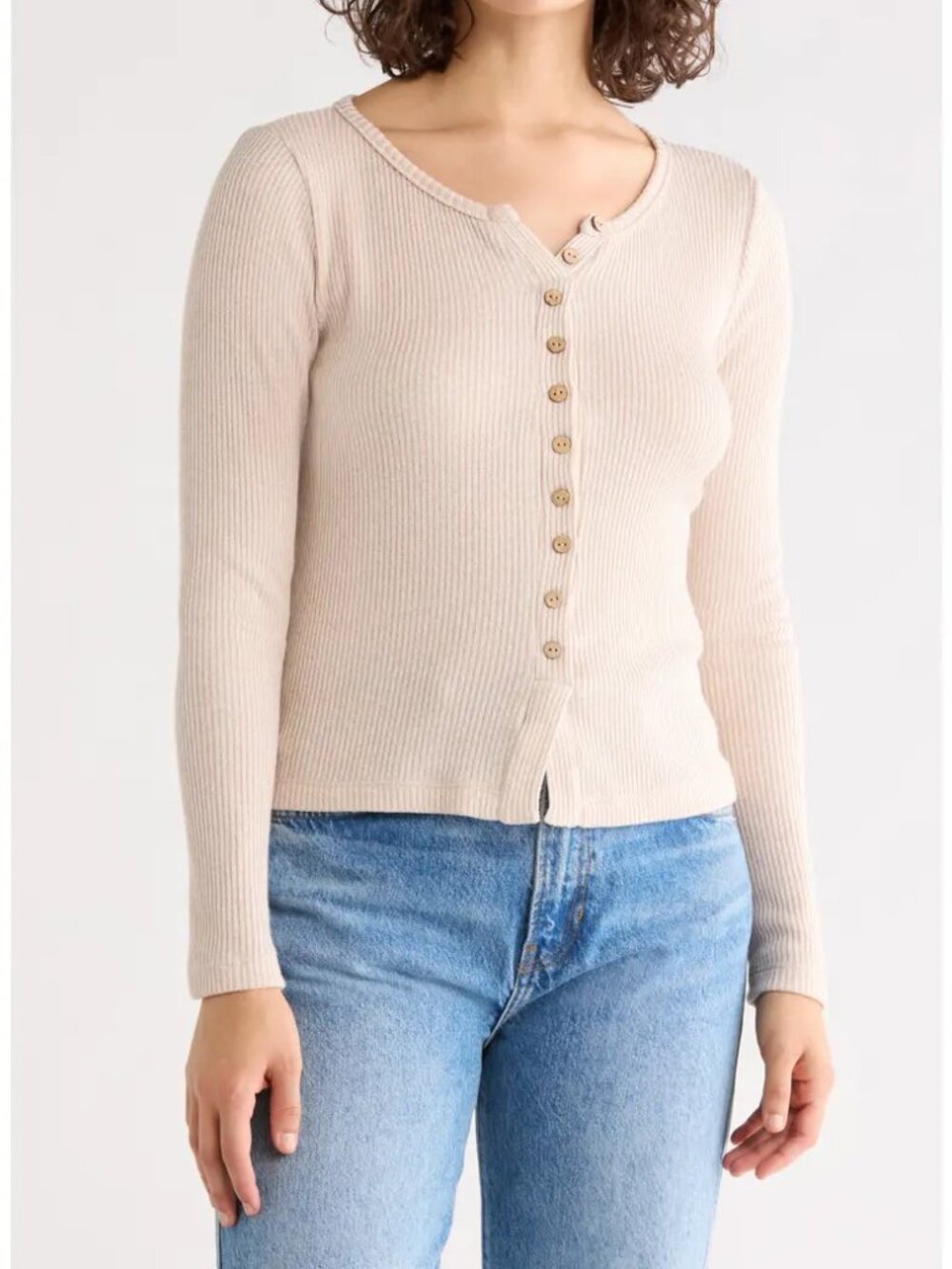 Renee C Oatmeal Ribbed Knit Henley Top Long Sleeve Minimalist Sweater Size L